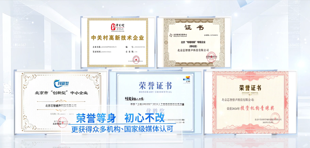 企业资质证书墙：中关村高新 / 专精特新 / 创新型 / 独角兽 / 投资青睐奖